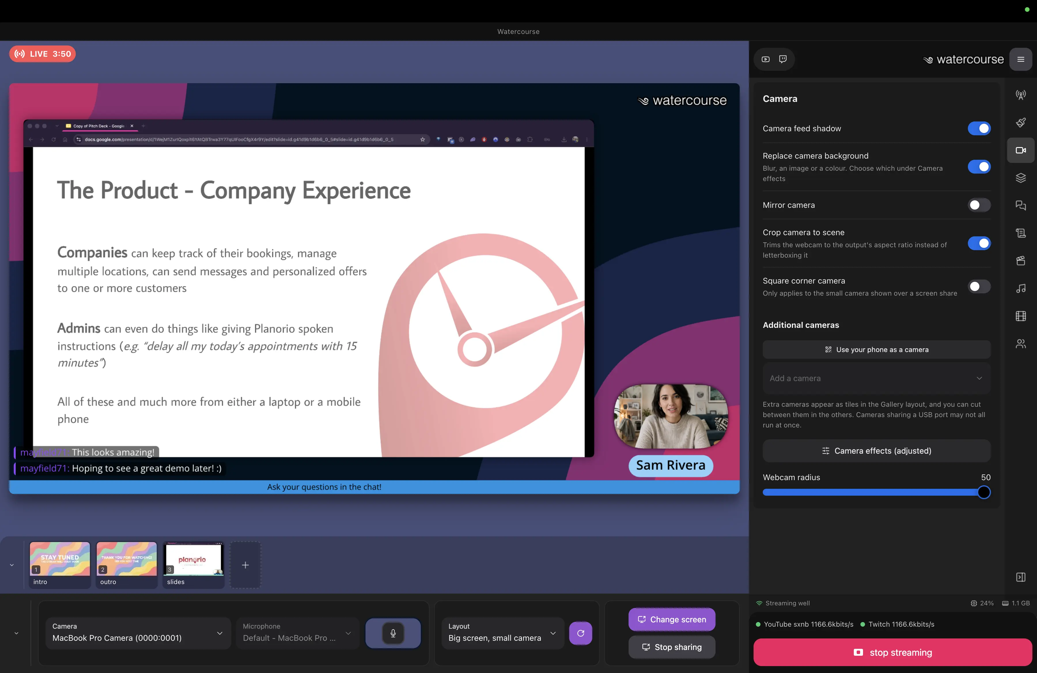 The Watercourse studio streaming to YouTube and Twitch: a shared slide with a round corner camera, a name badge, a ticker and a logo watermark, with the scene, camera and overlay controls alongside.